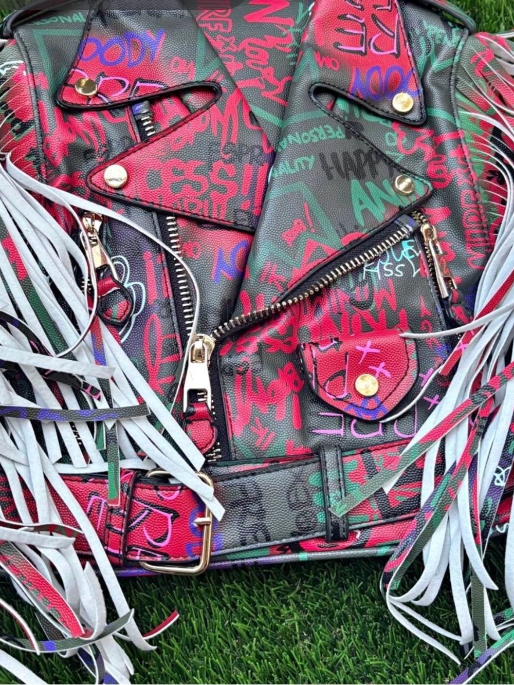 Fringed Graffiti Print Women’s Crossbody Bag - Pink & Green